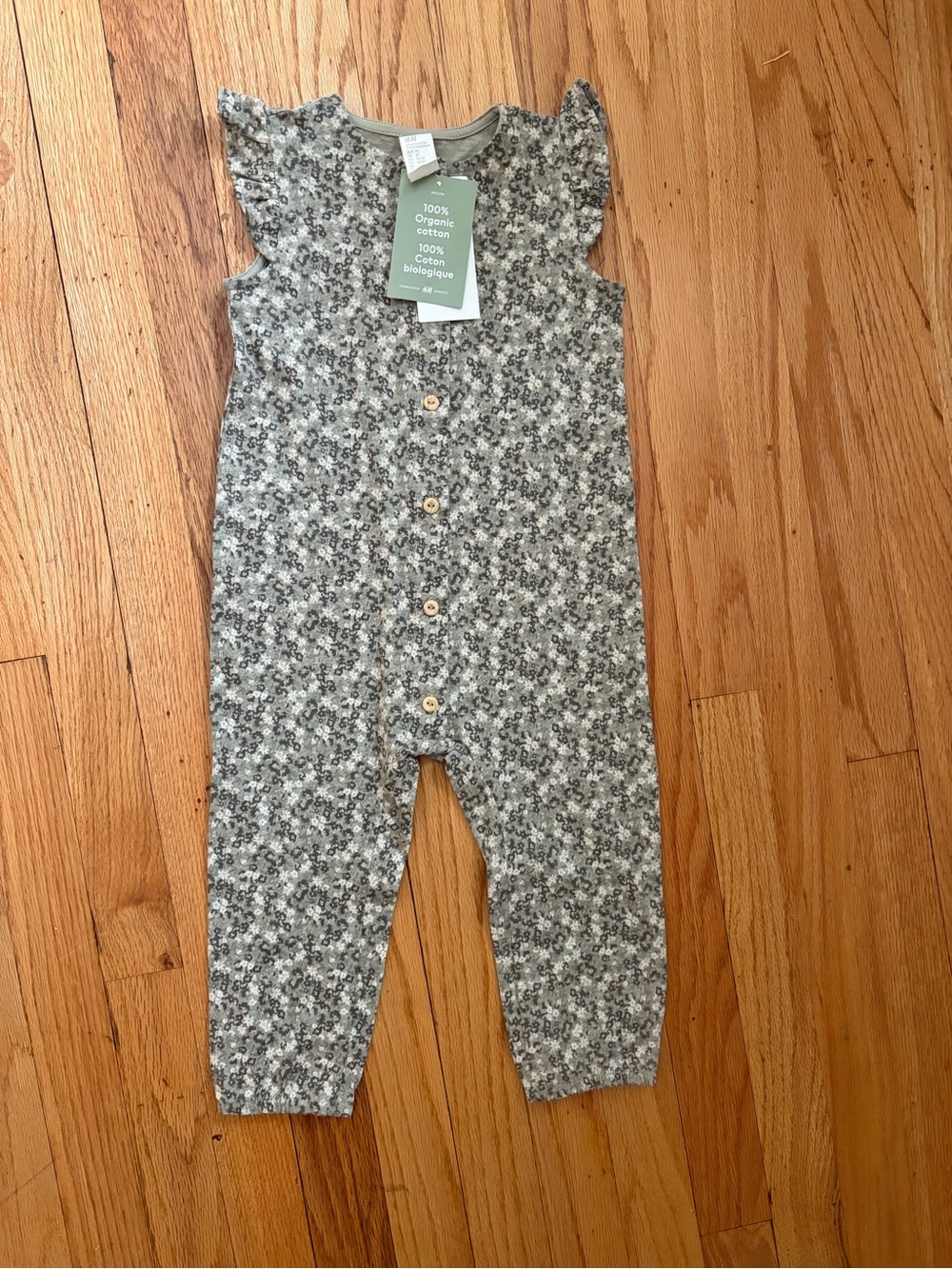 H&M 2T Green Gray Floral Button-Front Romper organic cotton